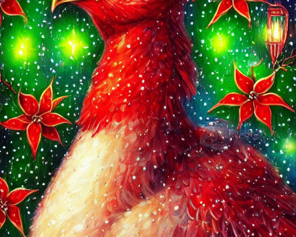 Colorful illustration of red bird with crest in snowy scene