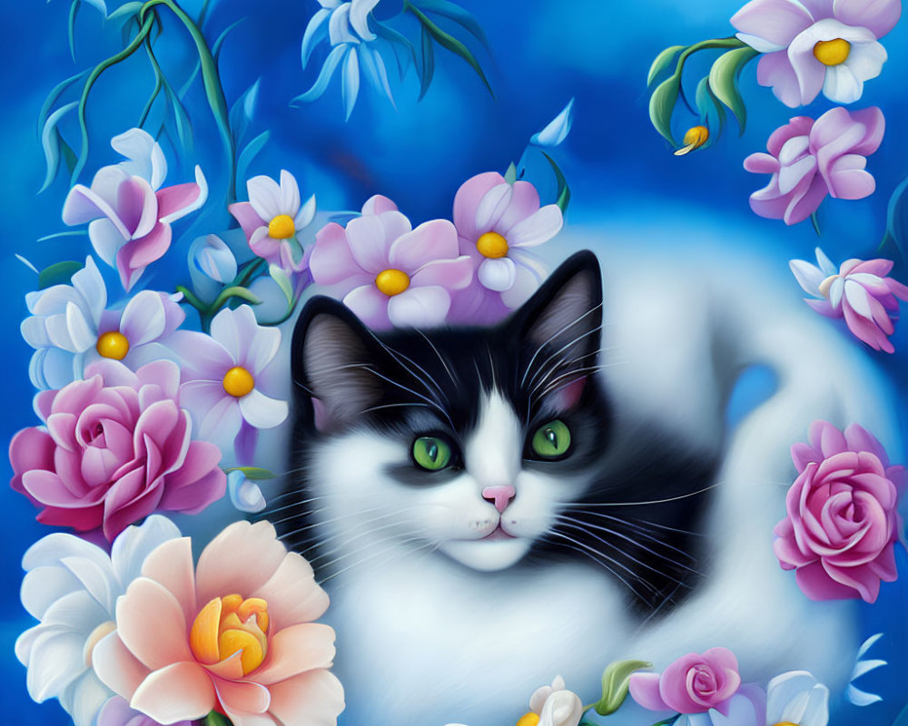Whimsical black and white cat with colorful flowers on blue background