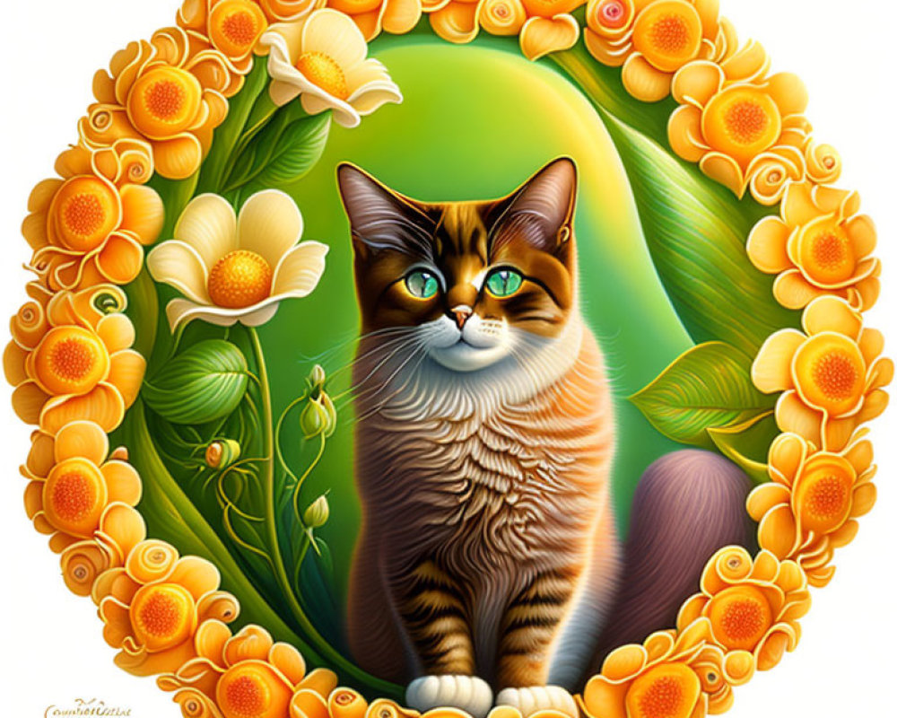 Colorful Cat Illustration with Green Eyes and Floral Frame