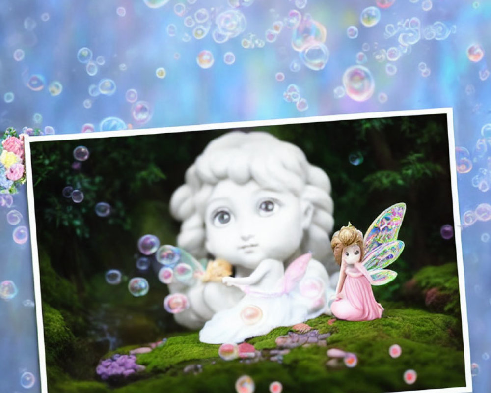 Whimsical fairy with colorful wings near cherubic face statue amid bubbles and greenery