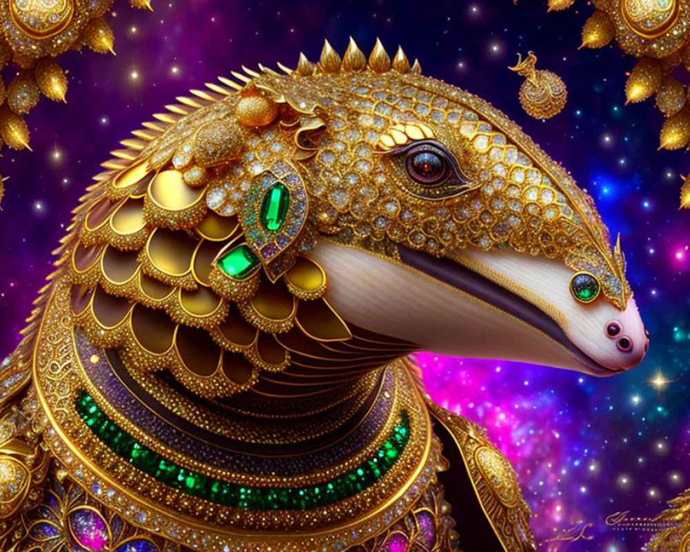 Ornate golden armadillo digital art on cosmic purple background