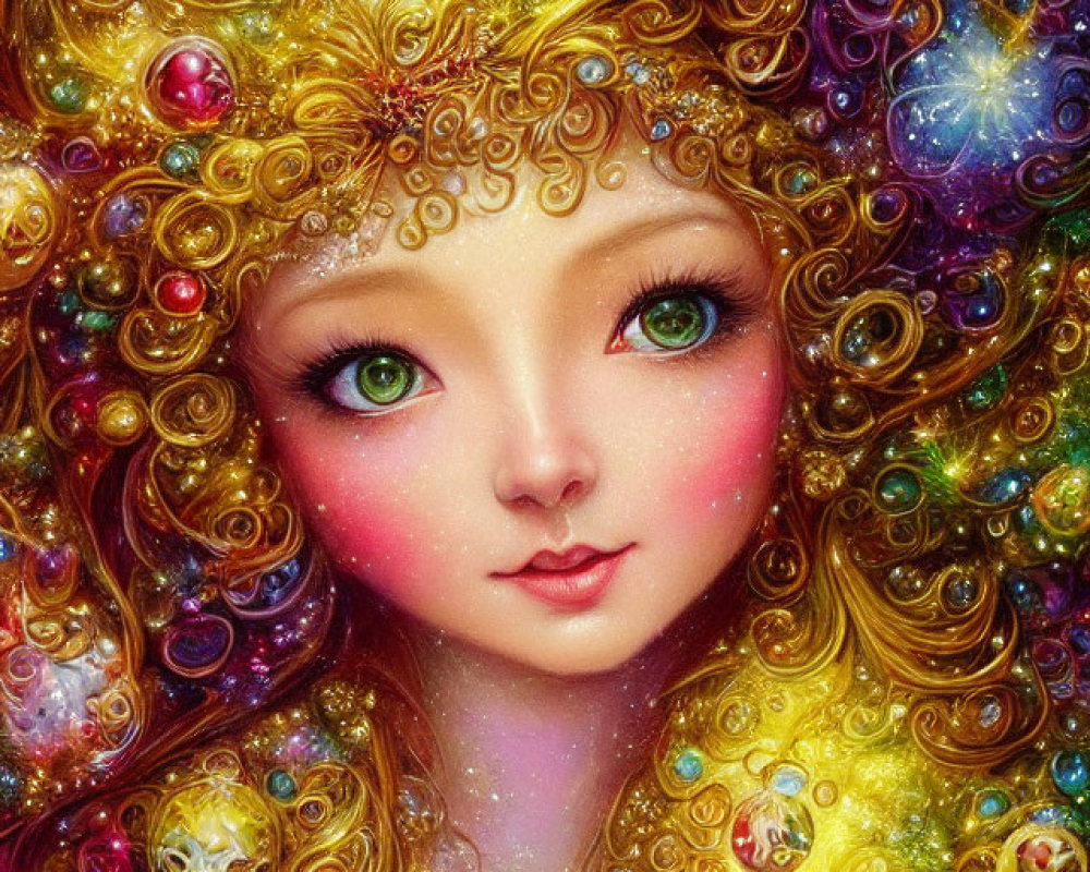 Colorful Portrait of Girl with Golden Curly Hair in Cosmic Setting
