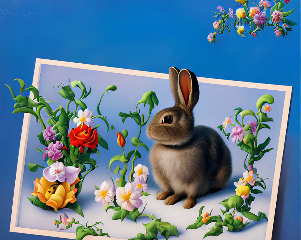 Realistic brown and white rabbit with colorful flowers on white canvas and deep blue background
