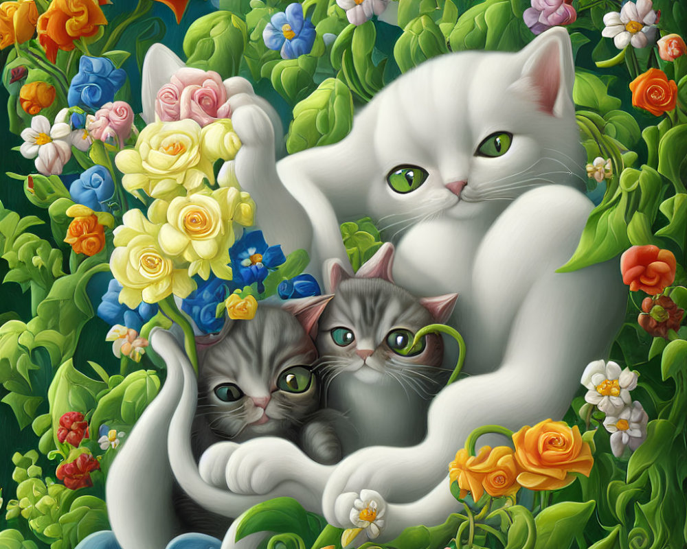 Colorful illustration: White cat with kittens among roses and foliage