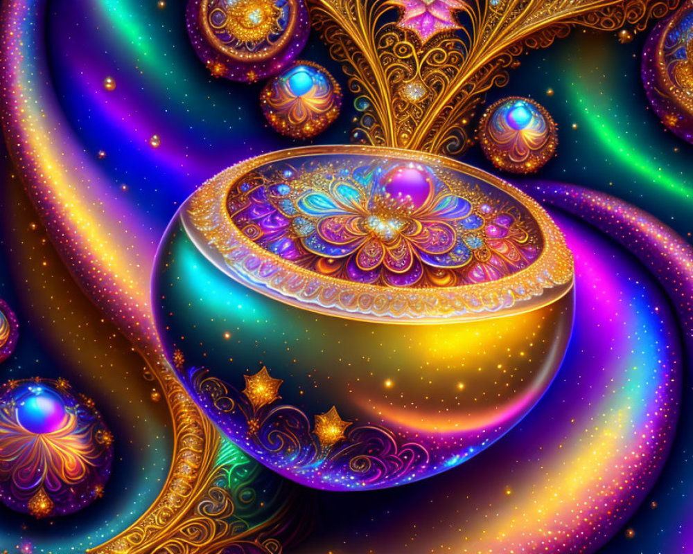 Colorful digital art: Decorative object with intricate patterns on cosmic background