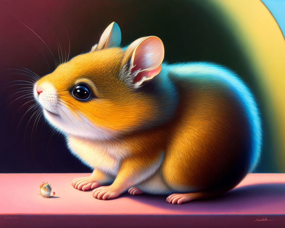 Colorful oversized cute hamster artwork with shadow on pink surface