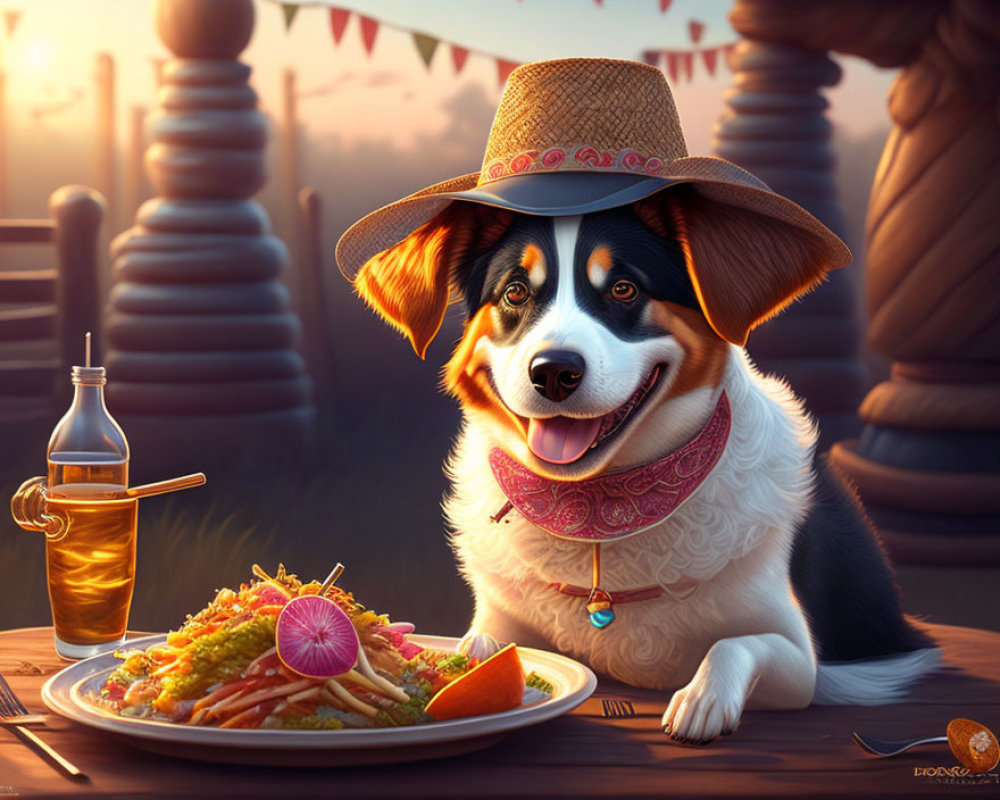 Cartoon Dog Enjoying Pasta at Sunset Outdoor Table
