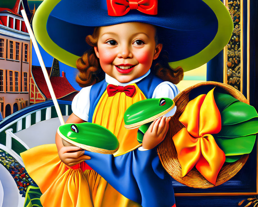 Colorful Illustration: Smiling Girl in Blue Hat with Toy Airplane
