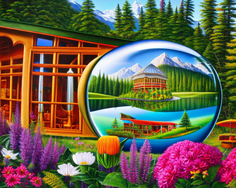 Colorful artwork of house in forest with crystal ball view of mountains.