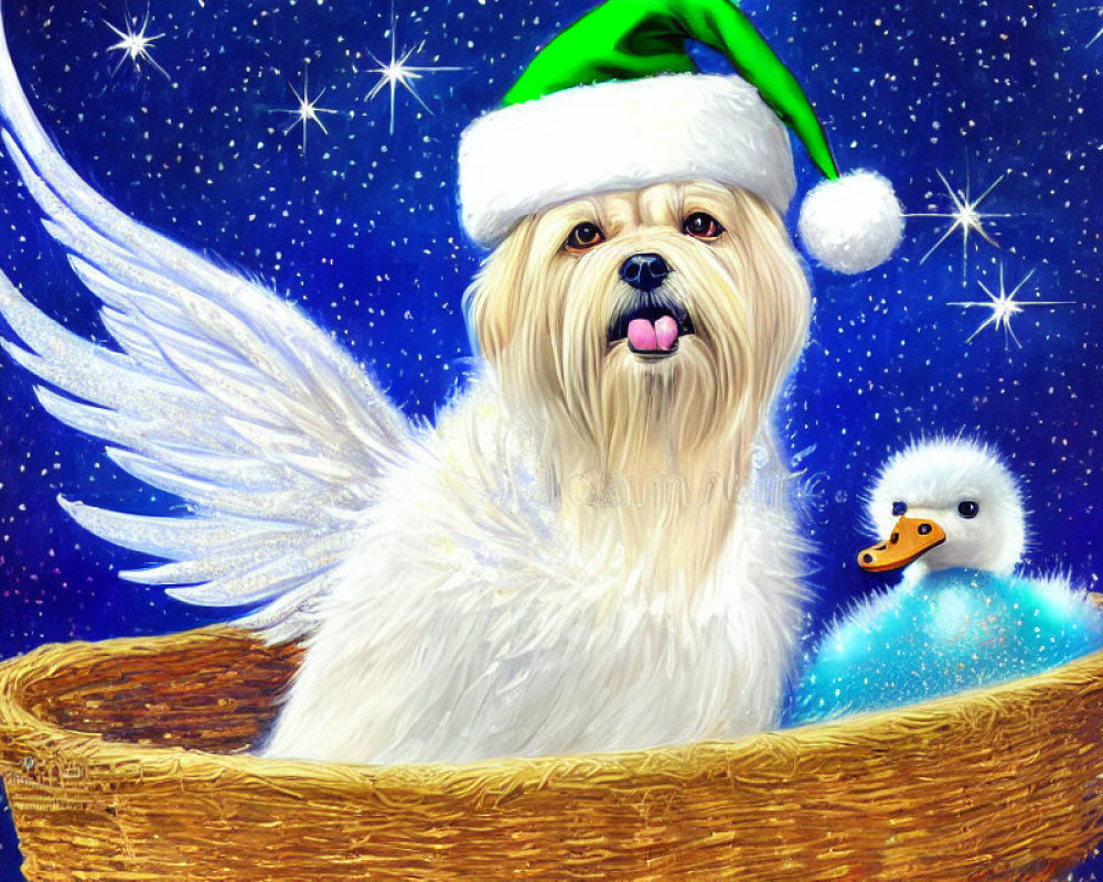Small-winged dog and duckling in Santa hat together on starry background