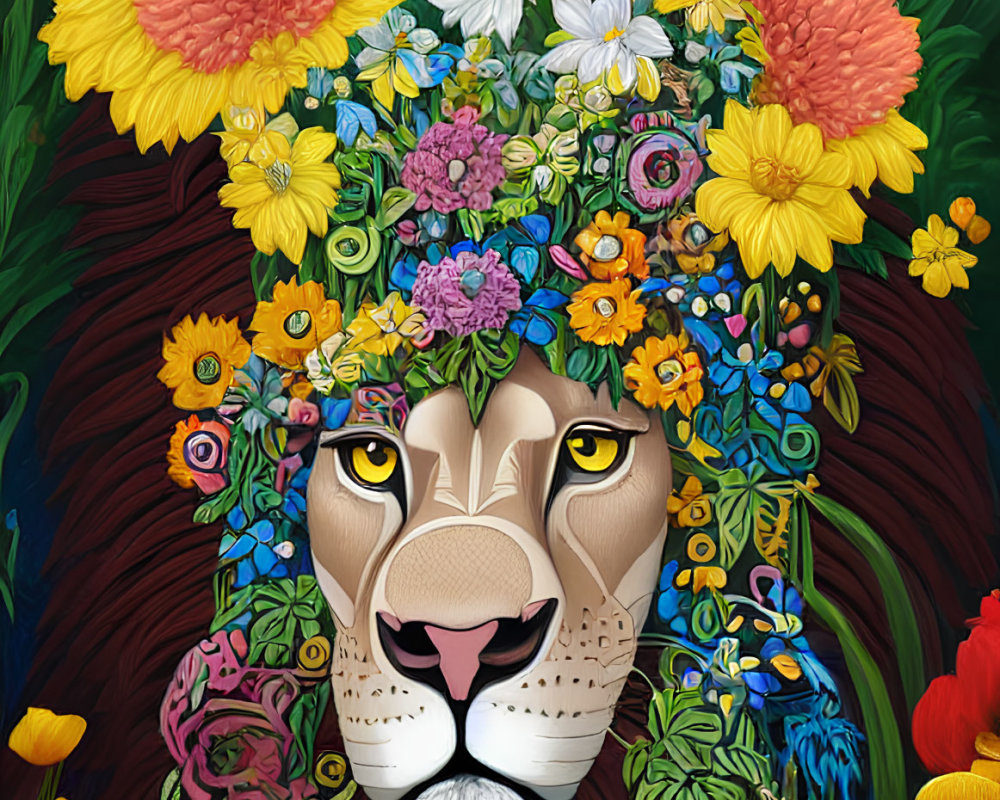 Colorful flower mane lion illustration on green foliage background