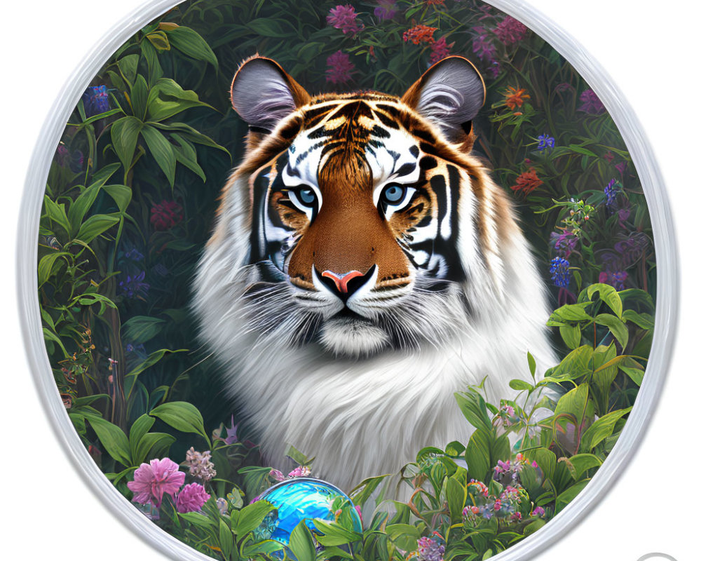 Detailed Tiger Face Illustration Surrounded by Green Foliage and Flowers