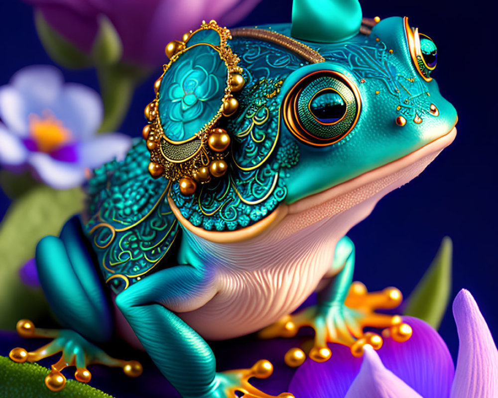 Colorful Frog with Golden and Turquoise Jewelry Among Flowers