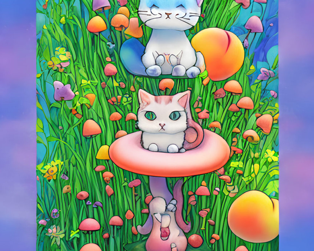 Colorful Cartoon Cats on Mushrooms in Fantasy Forest