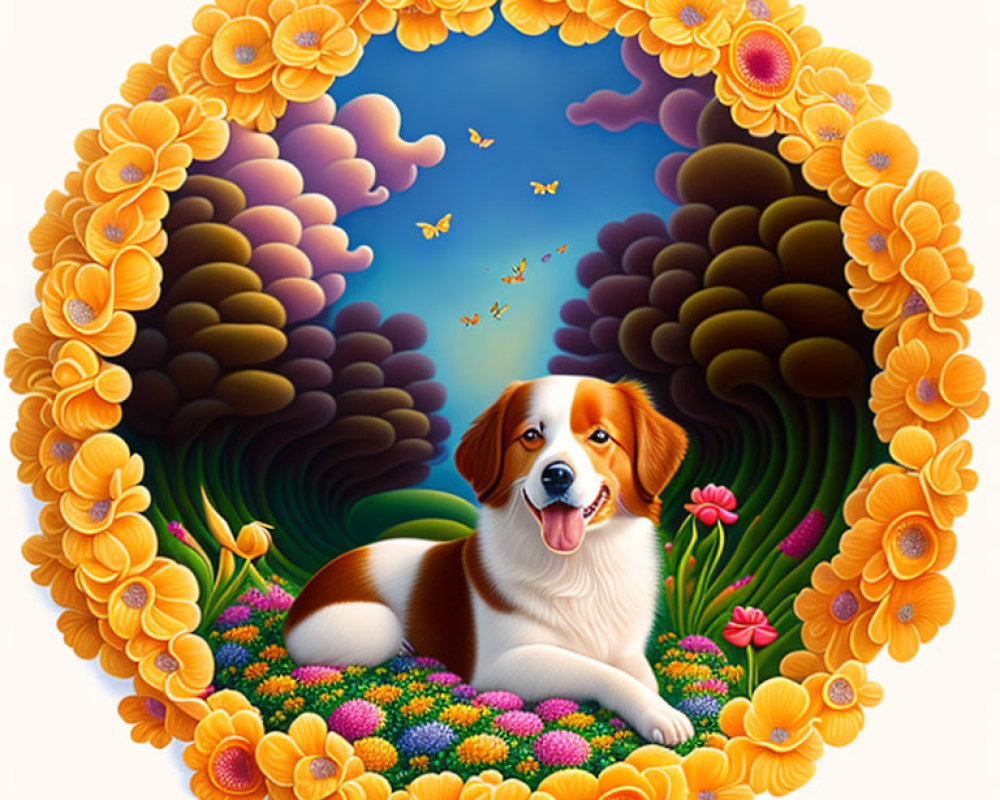 Colorful Flowers and Whimsical Elements Surround Cheerful Dog