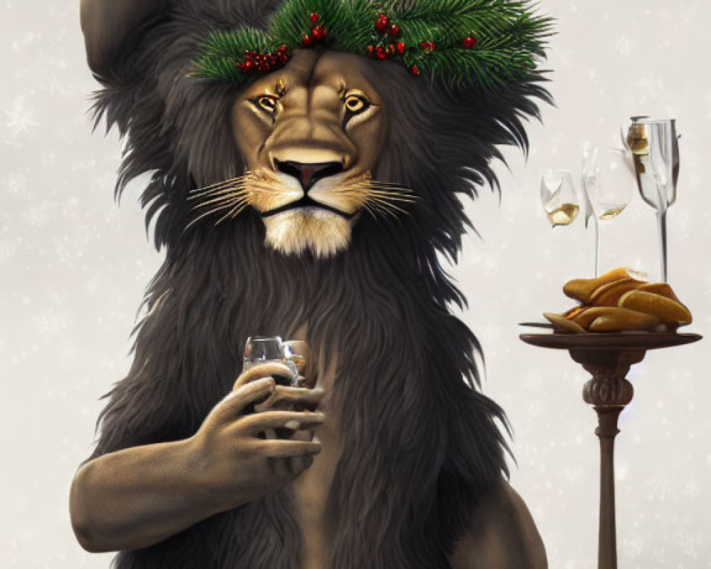 Anthropomorphic lion in Christmas wreath crown toasting at festive table
