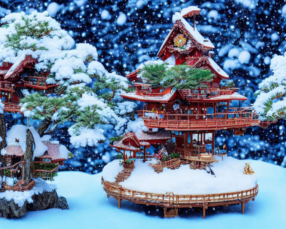 Snow-covered Japanese-style pagoda in pine tree forest during heavy snowfall