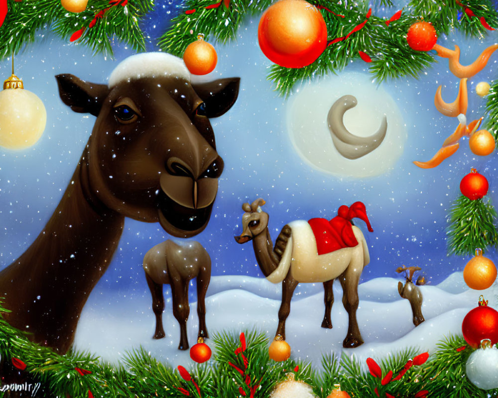 Festive llama illustration with red saddle in snowy scene