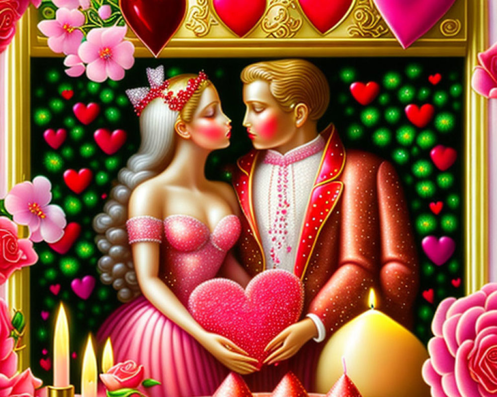 Romantic couple in fancy attire holding heart surrounded by flowers, hearts, and candles