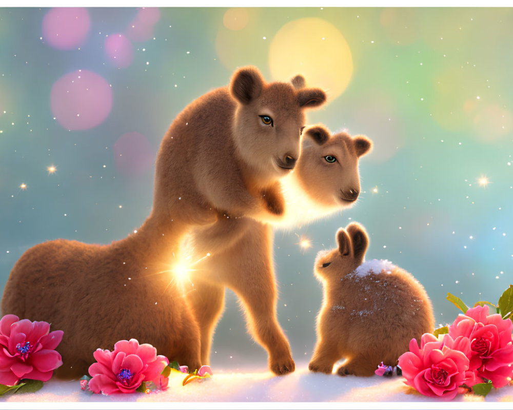 Animated bears and rabbit in flower-filled scene with warm light and sparkles