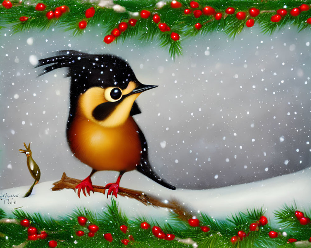 Illustration of plump bird with black crest on snowy branch surrounded by festive garland