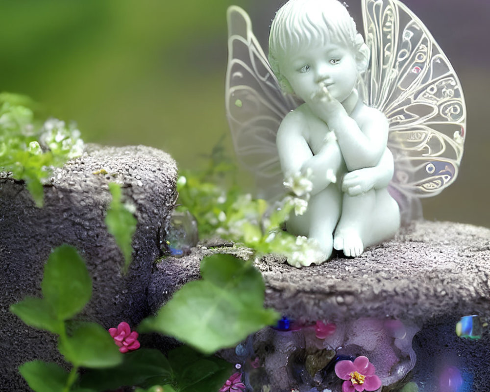 Translucent-winged fairy figurine on rock in lush greenery