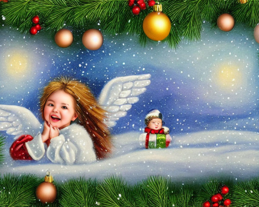 Joyful angel child in snowy Christmas scene with greenery and ornaments.