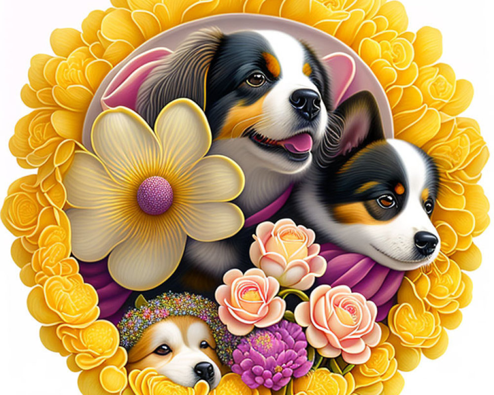 Vibrant illustration of three cute dogs with whimsical flowers