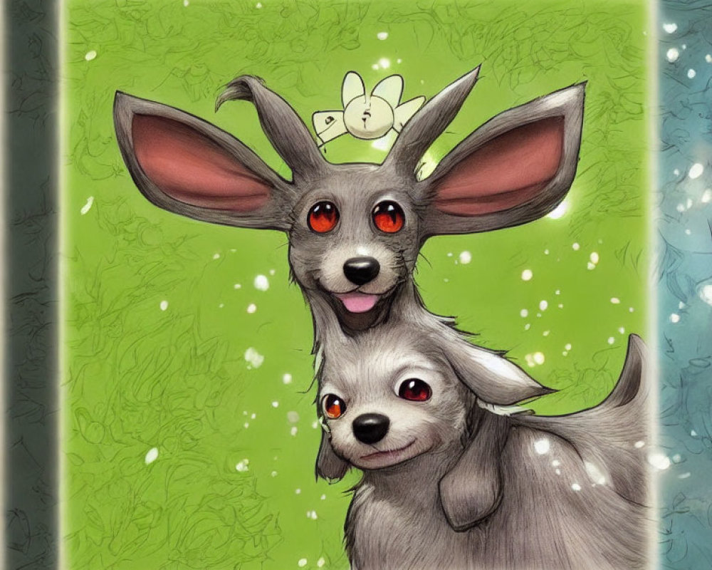 Illustration of two anthropomorphic dogs with red eyes and a bee on one's head