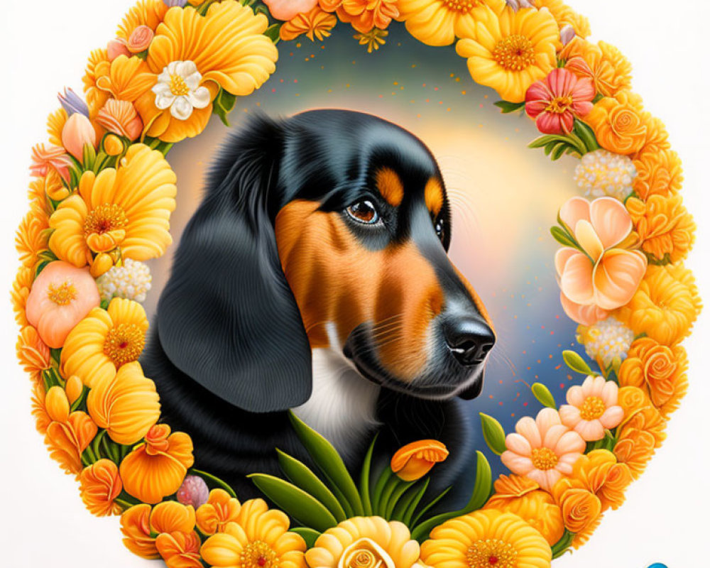 Detailed Illustration of Black and Tan Dog Surrounded by Vibrant Flowers