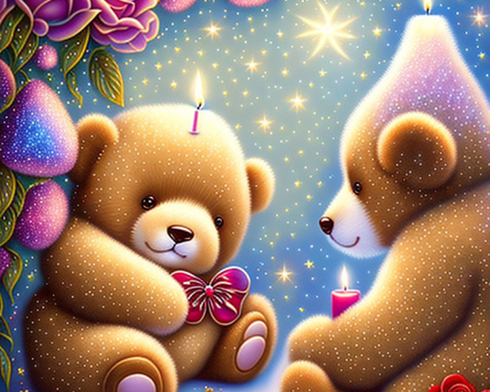 Plush Teddy Bears with Pink Rose and Candles on Blue Background