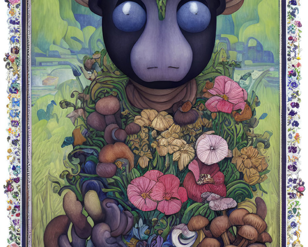 Anthropomorphic sheep surrounded by colorful flowers and mushrooms in ornate frame