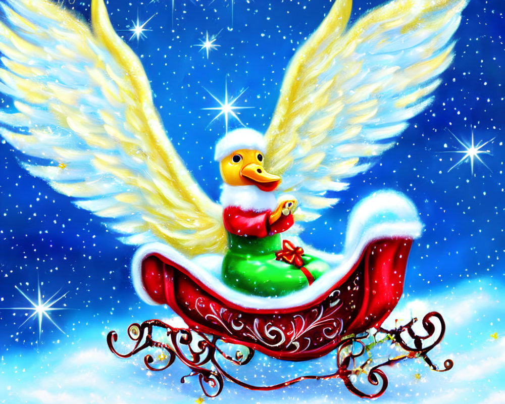 Yellow duck with angel wings in Santa outfit on red sleigh in snowy sky