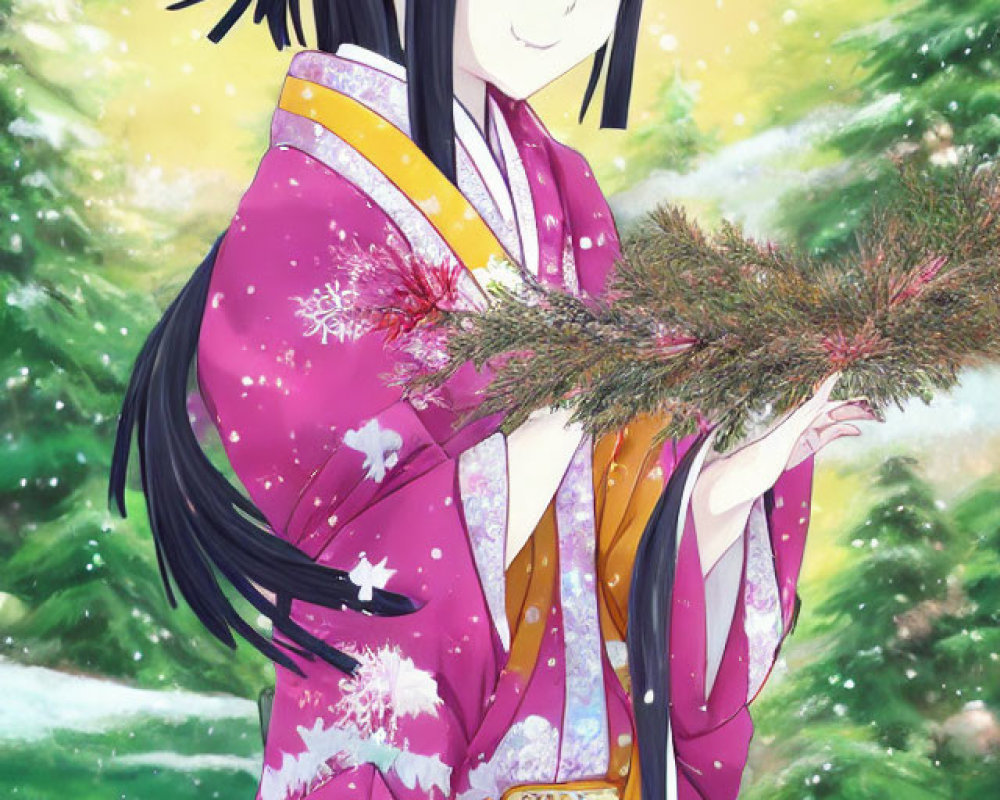 Vibrant pink kimono girl with pine branch in snowy scenery