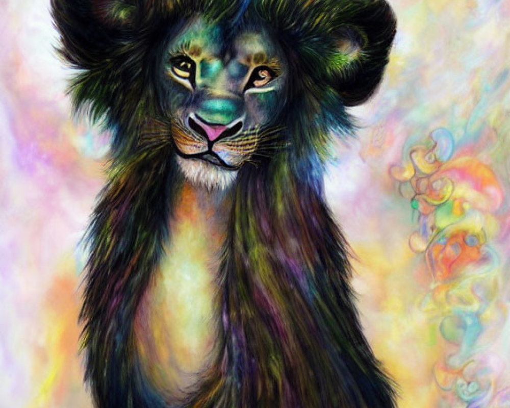Vibrant lion illustration with multicolored mane on swirling pastel backdrop