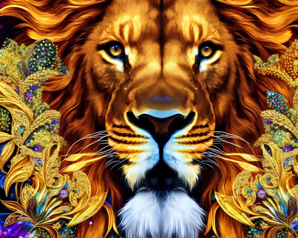 Majestic lion digital art with fiery mane and golden foliage