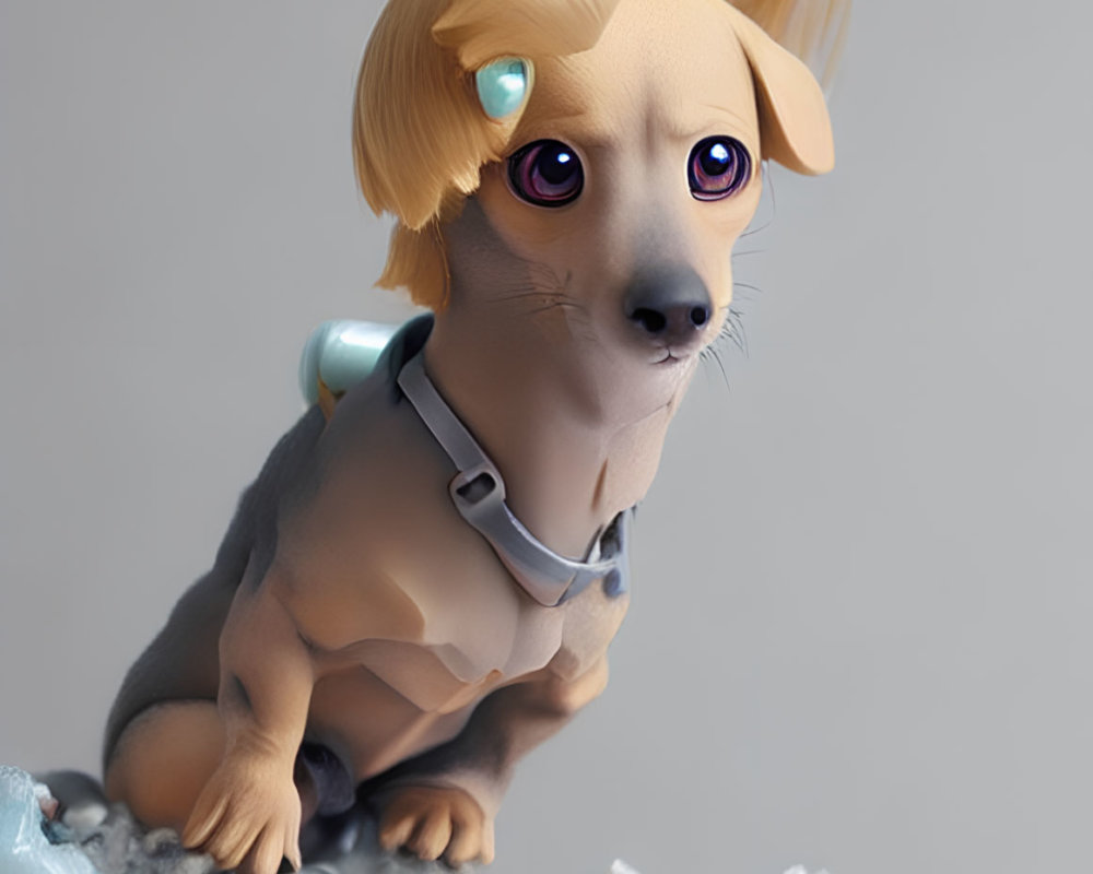 Stylized digital artwork: Dog with human-like eyes and blonde hair on textured wave surface