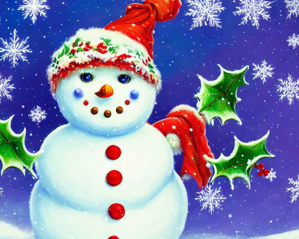 Snowman with Red Hat and Scarf in Falling Snowflakes