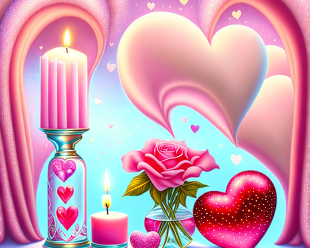 Romantic Symbols: Lit Candles, Pink Rose, Heart Shapes on Pink & Purple Background