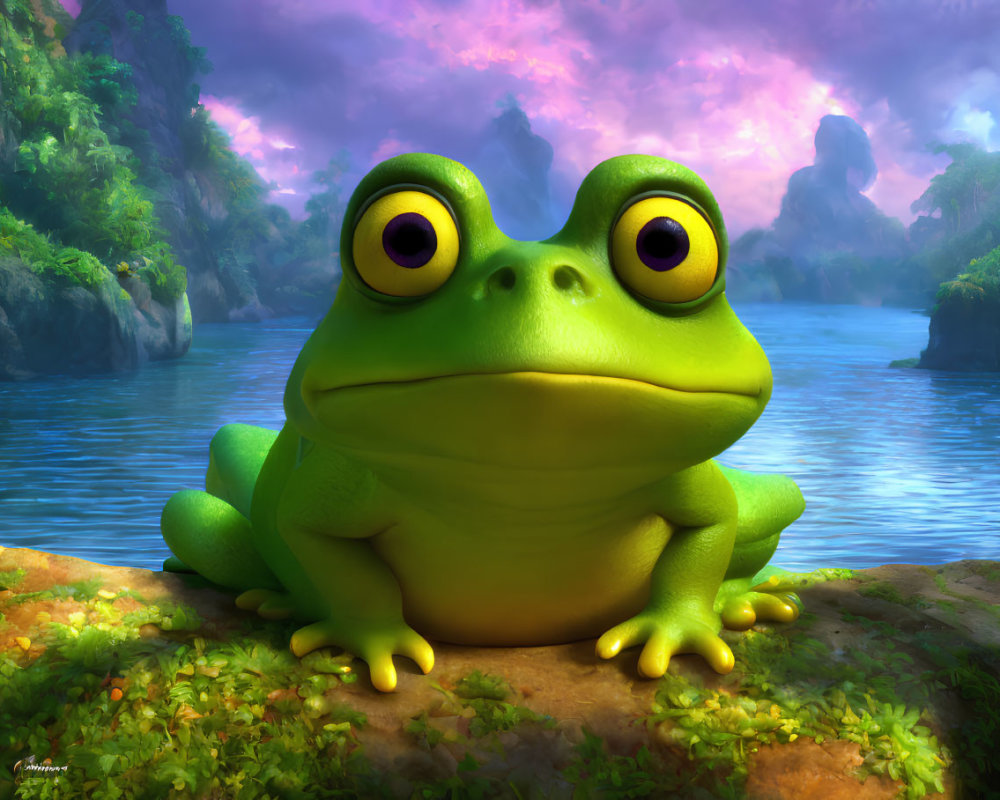 Colorful Illustration: Green Frog with Large Yellow Eyes by River