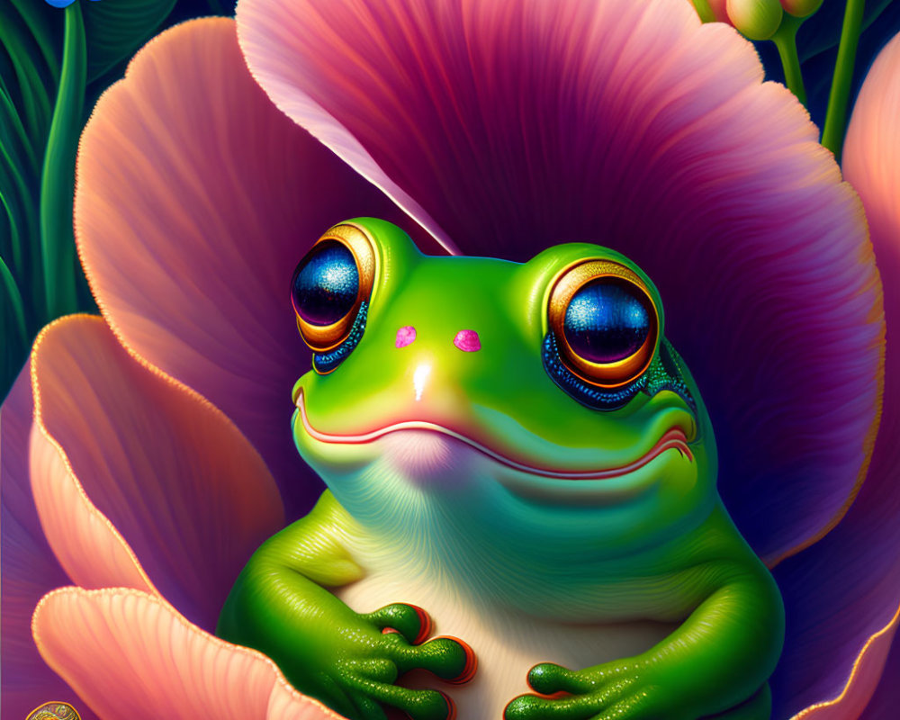 Colorful Frog Sitting on Flower Petal in Detailed Art Style