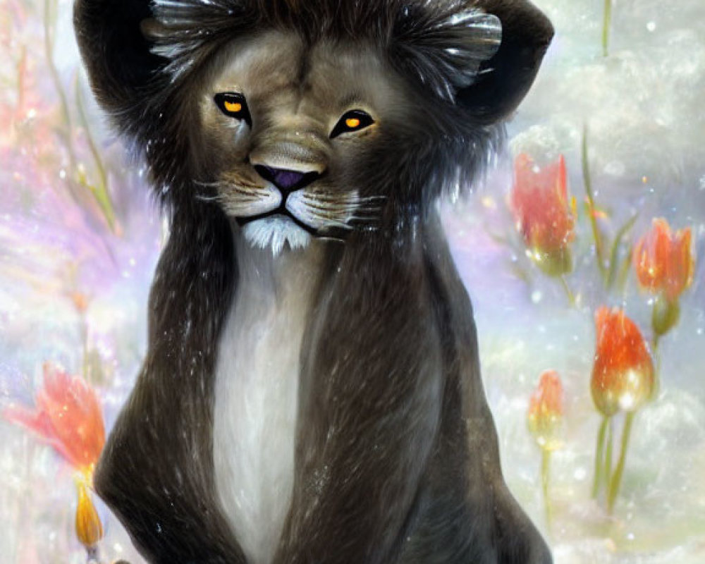 Whimsical lion painting with human-like face, tulips, and snowflakes