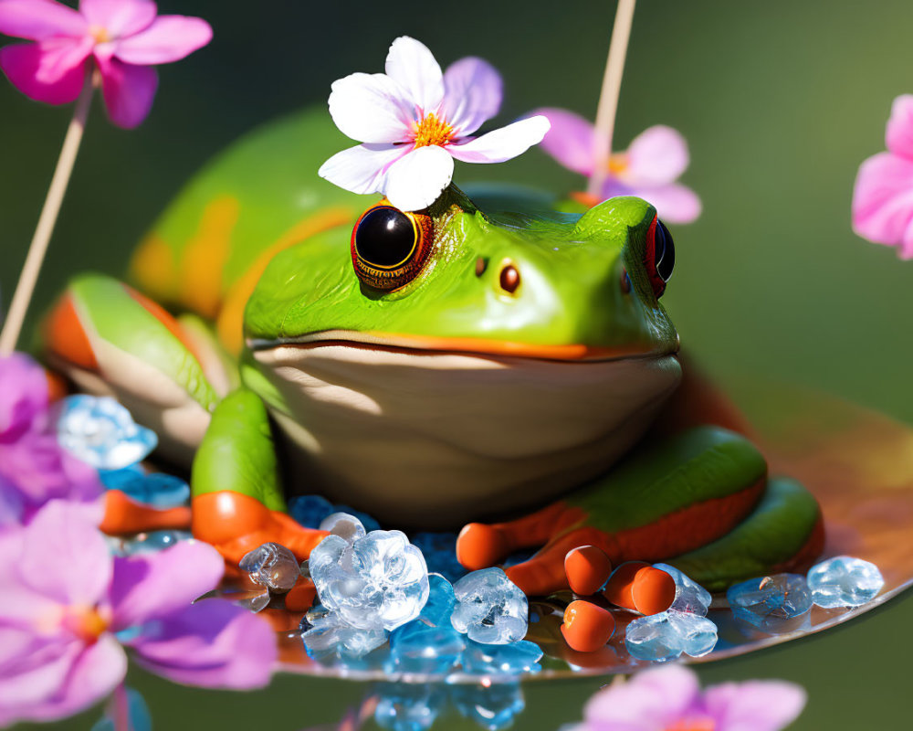 Colorful Frog with Flower on Head Among Flowers and Beads