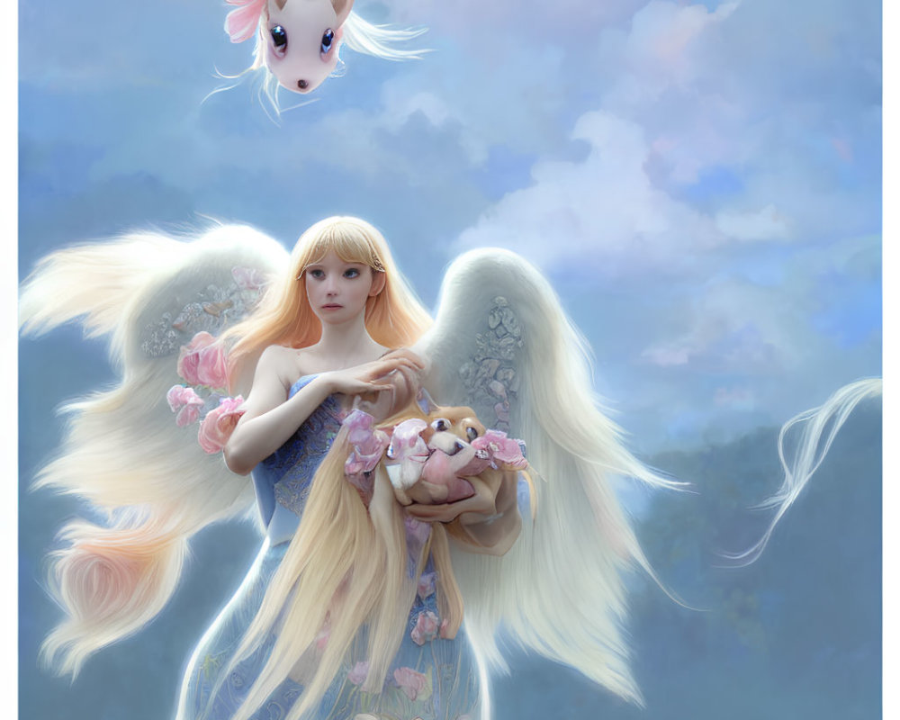 Blonde angel with white wings and unicorn under blue sky