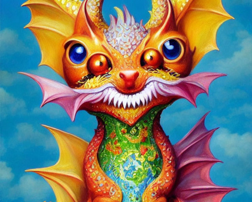 Colorful Whimsical Dragon with Orange Eyes and Elaborate Wings on Blue Background