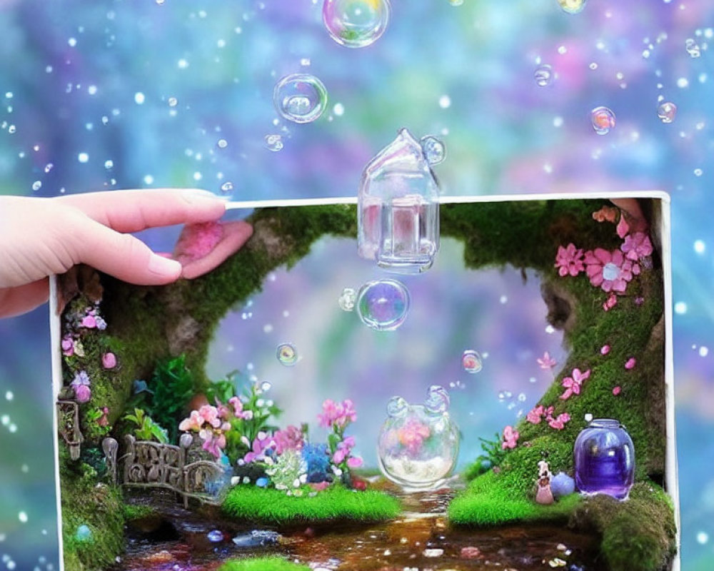 Whimsical drawing of tiny enchanting house in bubbles on sparkling background