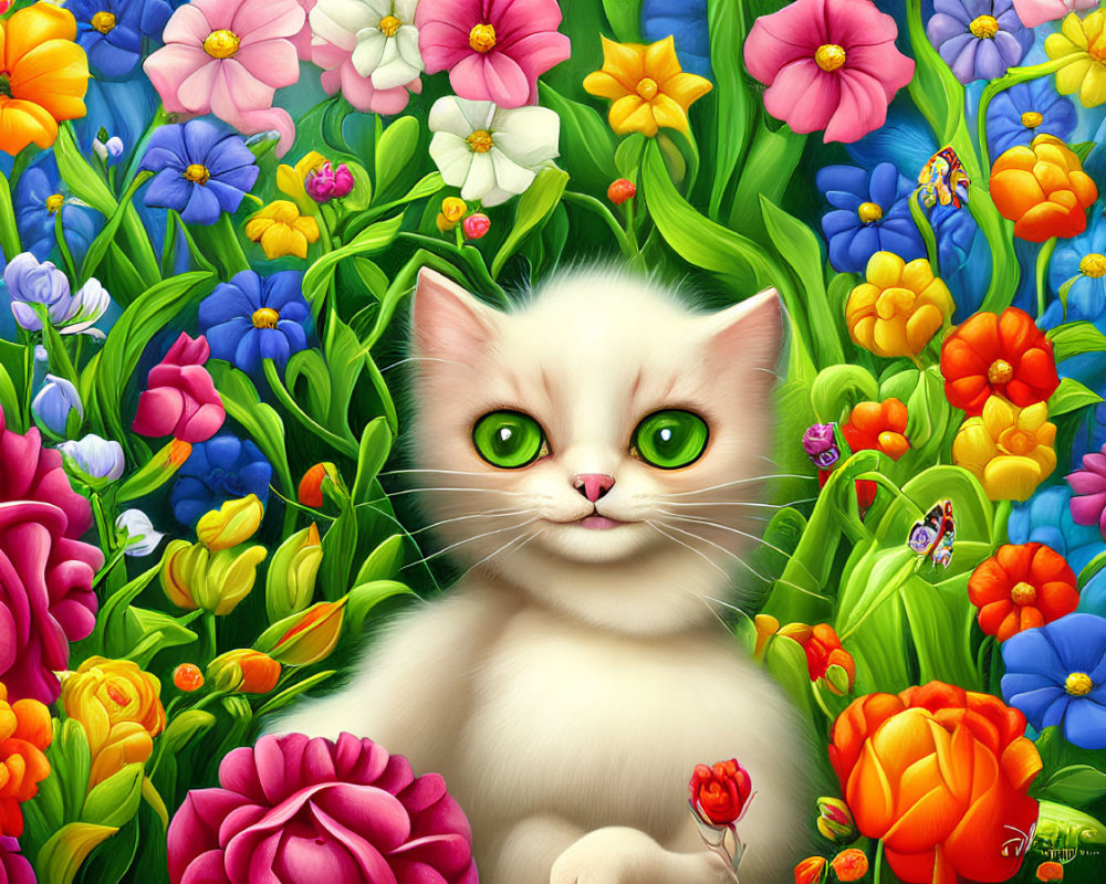 White Cat with Green Eyes Surrounded by Flowers and Butterflies