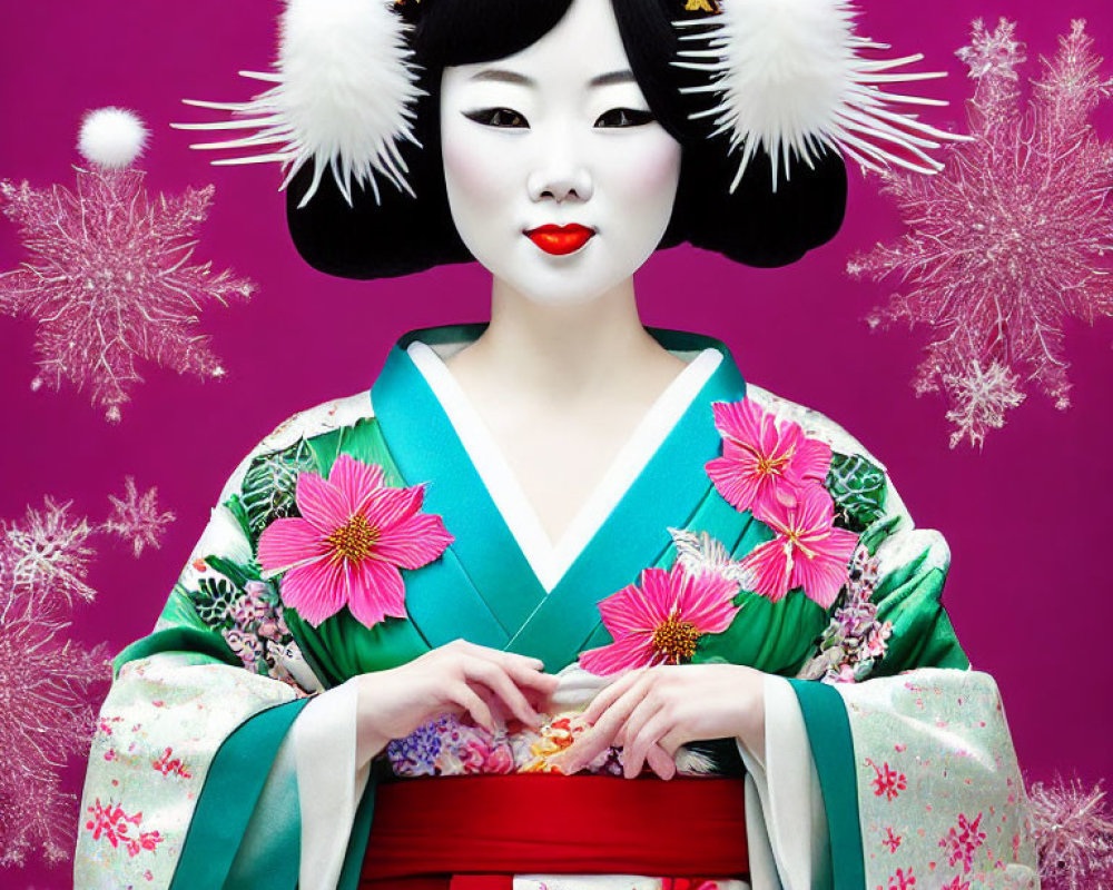 Vibrant portrait of woman in traditional Japanese geisha attire