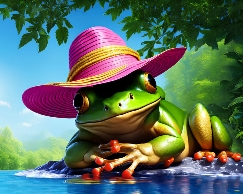 Stylized 3D illustration: Green frog with pink sunhat lounging by river