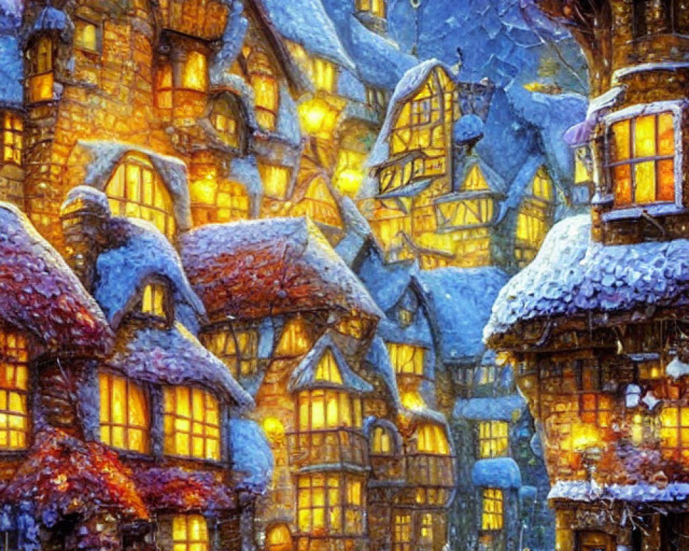 Snow-covered village painting with Tudor-style houses and figures in snowy square at twilight